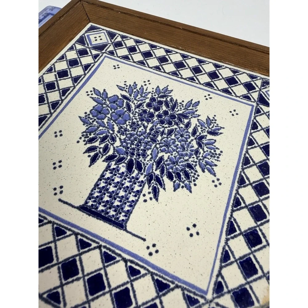 Ceramic Tile Trivet Kitchen Plaque Wood Frame 8.5